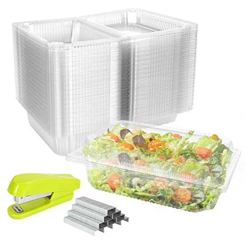 SENENQU Lot de 100 Barquette Alimentaire Jetable 750ml, 22×14×7.5 CM Barquette Plastique avec Couvercle, Boite Plastique Alimentaire Jetable Avec Agrafeuse...