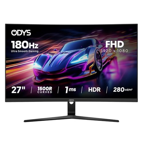 ODYS XP27-F-180-27 Zoll (69 cm) Curved Office & Gaming Monitor (Full-HD, 1.920x1.080 Pixel, 180 Hz, 1ms Reaktionszeit (MPRT), FreeSync, HDMI, Display Port, Kopfhöreranschluss)