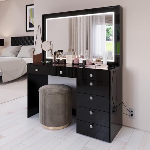 Boahaus Makeup Vanity Desk W/LED Lights Joan, 7 Drawers W/Crystal Knob, Full-Width Mirror, Black Finish - for Bedroom