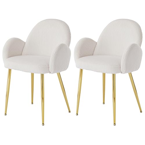 Image of Eifizek Home Office Chair Set of 2, Modern Corduroy Upholstered Vanity Desk Chair with Gold Legs for Girls Women, Ergonomic Padded Backrest for Living Room, Beige