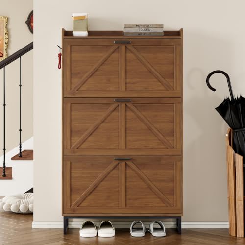 Image of BORNOON Shoe Cabinet with 3 Flip Drawers Narrow Shoe Storage Cabinet Organizer Wooden Freestanding Shoe Rack Hidden Slim Shoes Storage Cabinet for Entryway, Hallway, Living Room, Bedroom
