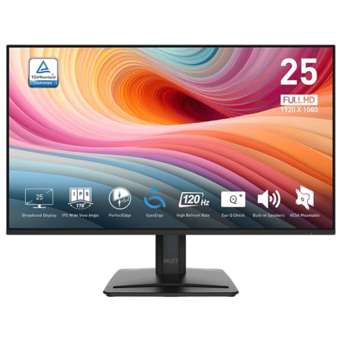 Image of MSI PRO MP251 E2 24.5-Inch FHD Office Monitor - 1920 x 1080 IPS Panel, 4-Sided Frameless, 120 Hz Refresh Rate, Eye-Friendly Screen, Built-in Speakers, Tilt-Adjustable - HDMI 2.0, DP(1.4a), D-Sub(VGA)