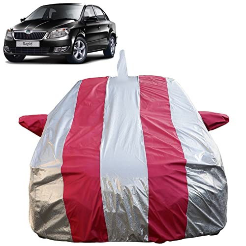 Image of Autofact Waterproof Car Body Cover Compatible with Skoda Rapid (2011 to 2022) with Mirror and Antenna Pockets (Pink Stripes with Shinning Silver Fabric /Waterproof Cover)