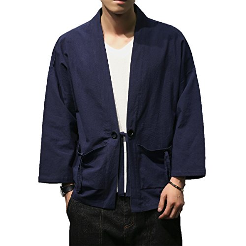 Men\'s Cotton Blends Linen Open Front Cardigan Embroidery Kimono Jackets