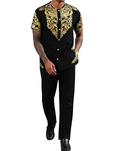 Mens African 2 Piece Set Nigerian Dashiki Metallic Short Sleeve Suit Gold Stamp Printed Shirt and Pants Outfit