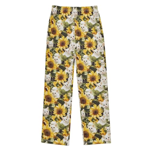 White Cat Sunflowers 1 Long Pajama Pants Bottoms Soft Sleepwear with Pockets