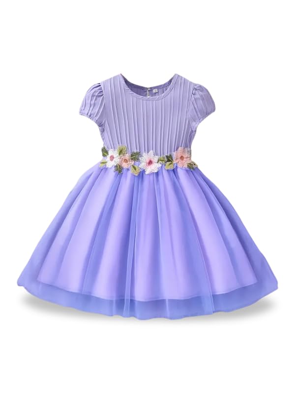 Image of Niren Enterprise Girls' Lilac Flower Waist, Tulle Skirt, Puff Sleeve, Elegant Birthday, Soft Lining Dress