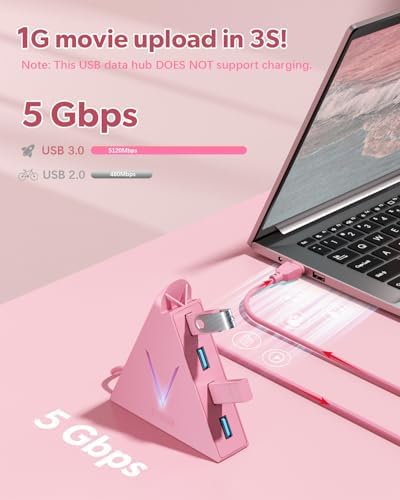 JoyReken 4-Port USB 3.0 Hub, FlyingVHUB Vertical Data USB Hub with 2 ft Extended Cable, for Mac, PC, Xbox One, PS4, PS5, iMac, Surface Pro, XPS, Laptop, Desktop, Flash Drive, Mobile HDD(Pink) - 1