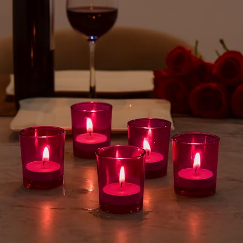 Image of Pure Source India Set of 12 Votive Glass Candle Holders with Tealight Candles | Decorative Diwali Lights for Home, Pooja & Festive Decor (Pink)