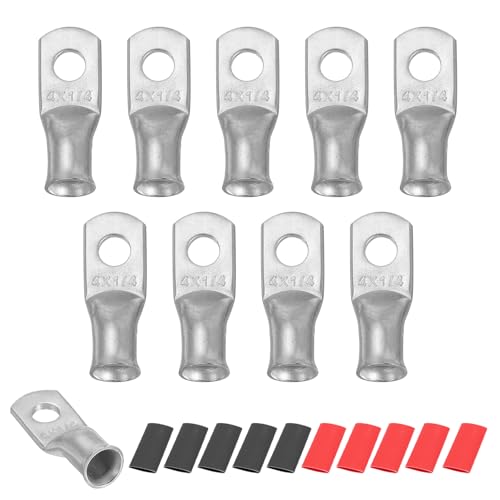sourcing map 10pcs 4 AWG M6 Battery Lugs Ring Terminals, 1/4" 6mm Stud Crimp Wire Terminal Connector End Copper, 2:1 Heat Shrink Tubing, Silver