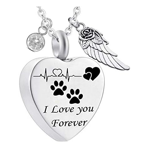 Hoisy Memorial Necklace Personalized, Cremation Keepsakes for Ashes Heart Dog Paw Prints Electrocardiogram I Love You Forever with Angel Wing 50X2cm Cover