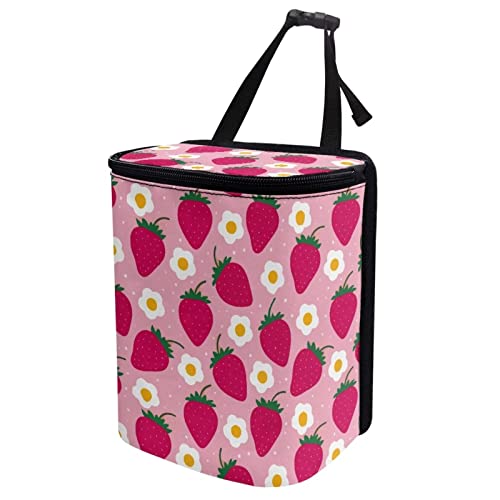 Image of Talayituse Strawberry Flower Print Car Trash Bin, Laege Size Auto Trash Can Adjustable Portable Garbage Can with Lid, Vehicle Hanging Bag for Headrest Front Back Seat, Pink