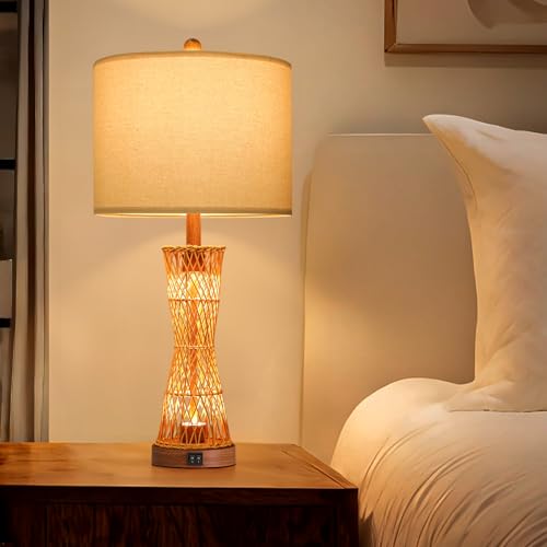 Image of OYEARS 27 inch Table Lamps Set of 2 with Rattan & Dual Lights, Boho Lamps for Nightstands, Bedside Lamps for Bedroom, Nightstand Lamp for Living Room, Farmhouse Table Lamp for Office & Study
