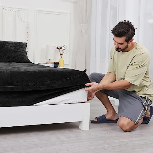 Phf Truly Velvet Fitted Sheet King Size, 1 Pack Luxury Super Soft Cozy Comfy Flannel Bed Sheets With 15'' Deep Pocket,Suitable For Fall Winter And Spring, No Pillowcases, Black #TOP6