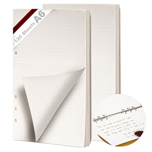 KINETOX 2 Paquetes Recambio Agenda A6 6 Anillas 120 Hojas Recambio para Carpeta Anillas Hojas Papel de Recambio a6 Punteado Recambio de Agenda Filofax diario de bocetos Archivador Carpeta