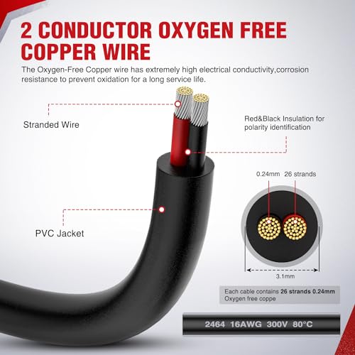 Image of Nilight 100FT 16AWG Oxygen-Free Copper Wire Red Black | Electrical Wires Stranded PVC Cord 2 Conductor Parallel 300V DC Flexible Extension Cords for LED Strips Lamps Lighting