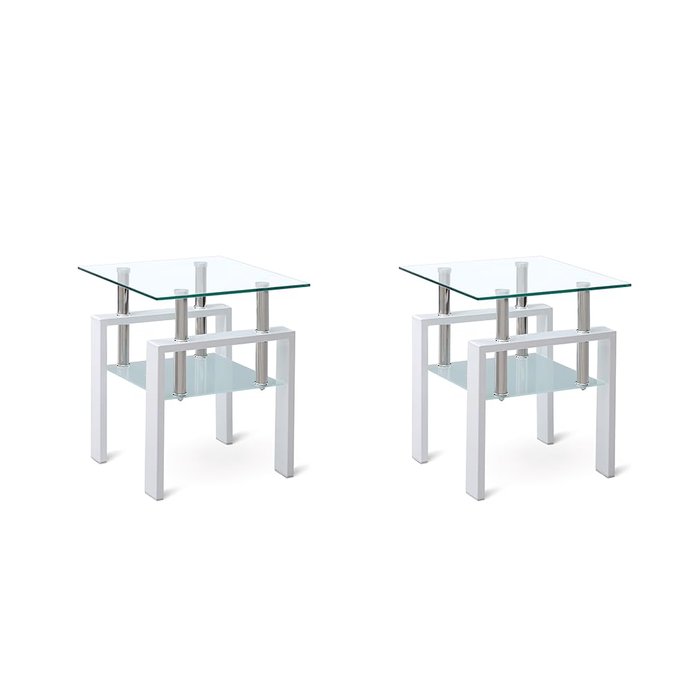 SMARTIK 2pcs Modern Glass End Table - Two Tiered Clear Nightstand, Square Tempered Glass Tables with White Metal Frame for Living Room or Bedroom, Set