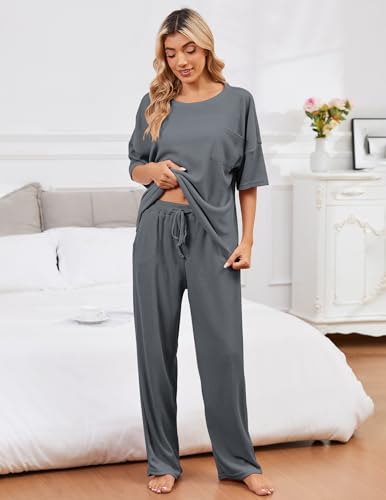 Image of JiniGolla Womens Pajama Sets Waffle Knit Short Sleeve Shirt with Long Pajama Pants Soft Sleepwear Pj Lounge Sets