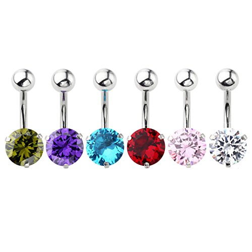 PiercingJ 4-6pcs 14G Stainless Steel Heart Round Square Star Cubic Zirconia Navel Bars/Belly Button Ring
