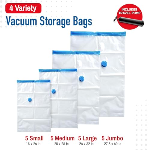 Image of 20-Pack Variety Vacuum Storage Bags for Comforters, Blankets & Clothes - Vacuum Sealed Compression Bags with Hand Pump - Space Saver Storage Bags for Bedding,Travel & Organization (5S, 5M, 5L & 5XL)