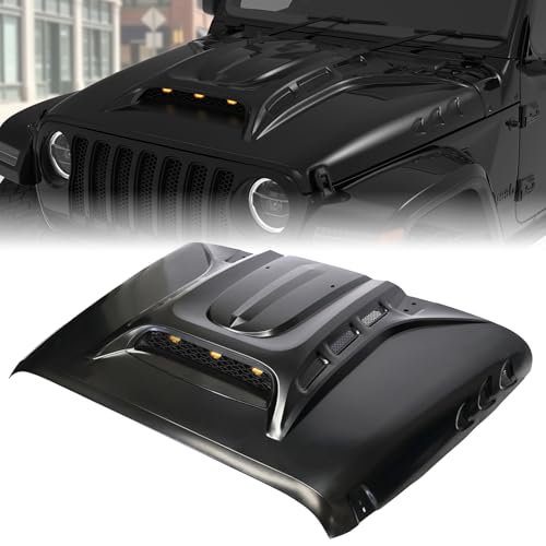 Xprite Piranha Series Replacement Hood for 2018-2025 Jeep Wrangler JL & 2020-2025 Gladiator JT Unpainted Alloy Steel Heat Dispersion Hoods with 3 LED DRLs & 13 Functional Vents (Not for 392 Mojave)