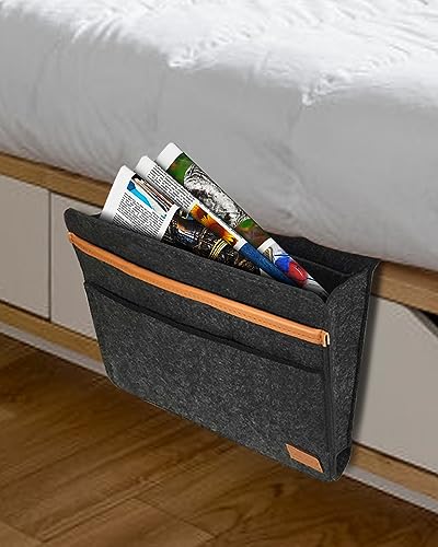 ERKOON Bedside Storage Pocket, Felt Bed Sofa Bedside Hanging Bag Anti-Slip Magazine Holder Home Bed Rails,for Books, Tablet, TV Remote Control, Phone, Accessories (Dark Grey) - Image 5