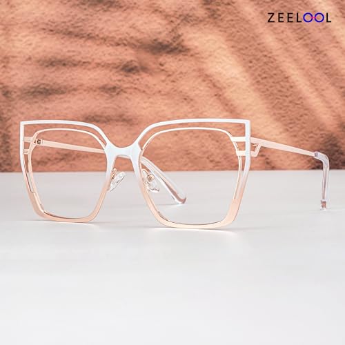 Image of Zeelool Glasses Frames for Women Oversized Square Non Prescription Eyeglasses White Metal Designer Eyewear Glasses Quinn JGM663645-02