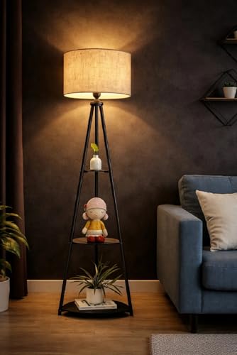 Image of Tripod Floor Lamp with 3 Circle Shape Shelves, Beige Jute Shade, Metal Corner Floor Lamp, for Decoration and Gifting (Pack of 1)