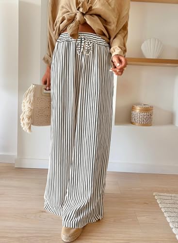 Image of Acelitt Women Casual Drawstring Elastic Waist Striped Wide Leg Pants with Pockets, S-XXL