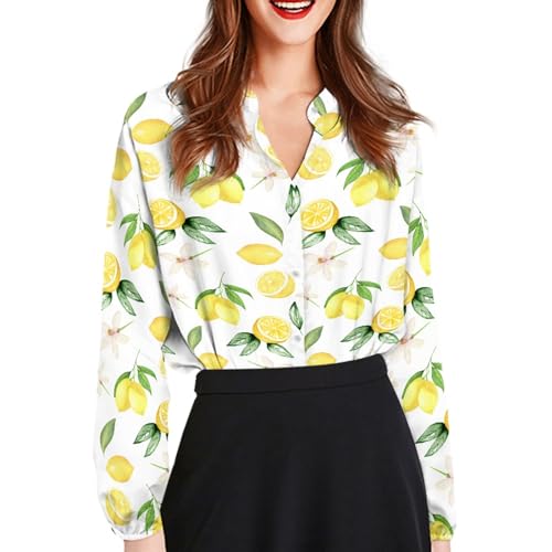 Coloranimal Lemon Dragonfly Shirts for Women Novelty Athletic Button Down Dress Shirts for Work Office Business Slim-Fit Classic Basic Long-Sleeve T-Shirts Blouses Tops
