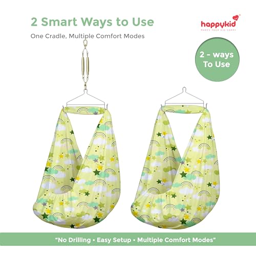 Image of Happykid Baby Cradle Set | Durable Cotton Cloth, Mosquito Net, Spring, Hanger Jhoola (Green)