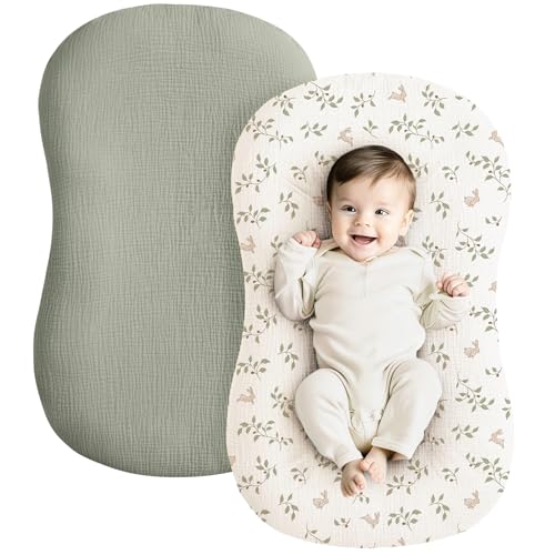 Image of Konssy Muslin Baby Lounger Cover 2 Pack, 100% Cotton Newborn Lounger Cover, Soft and Breathable Lounger Slipcover for Boys Girls, Covers Only (Rabbit,Fog Green)
