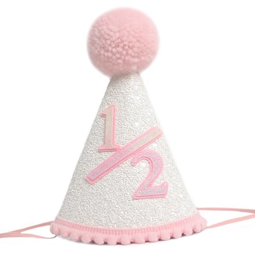 PQQIEE 1/2 Birthday Hat For Baby Girls，Pink Half A Year Old Birthday Crown For Girls，Glitter Birthday Hat With Pink Topper, Birthday Decoration For Girls，6 Months Birthday Cake Smash Props