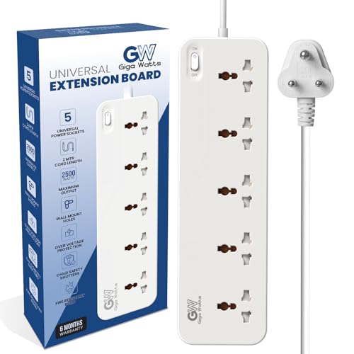 Image of GIGAWATTS 5-in-1 Power Extension Board 5 Universal Sockets 2500W 2Mtr Heavy Duty Cord 250V Fireproof Child-Safe Surge Protector for Home Appliances Travel & Outdoor Power Tools (6 Months Warranty)
