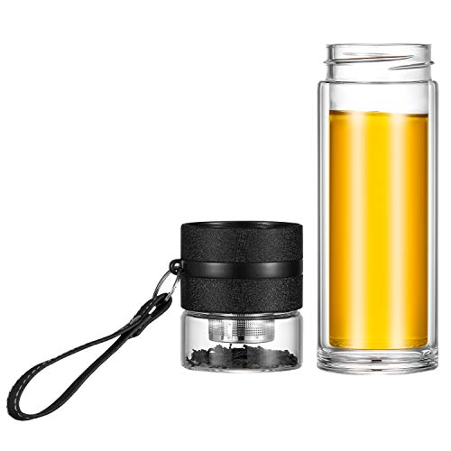Ceoon 13oz Double Wall Glass Water Bottle Tea and Water Separation Tea Bottle Mug Cup with Tea Infuser (Black)