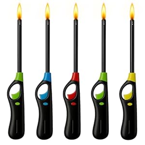 ANGIX 5 x BBQ Lighters Long Reach Multipack Refillable Gas Safety Candle Lighter for Kitchen, Barbecue, Camping, Fireworks & Outdoor Cooking, Gas Lighters for Cookers & Fireplaces (Assorted Colors)