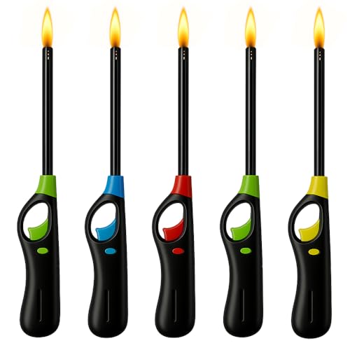 ANGIX 5 x BBQ Lighters Long Reach Multipack Refillable Gas Safety Candle Lighter for Kitchen, Barbecue, Camping, Fireworks & Outdoor Cooking, Gas Lighters for Cookers & Fireplaces (Assorted Colors)