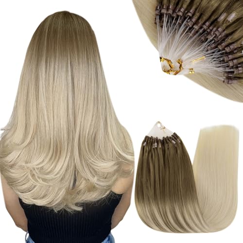 RUNATURE Micro Ring Hair Extensions Ombre Blonde Brown Micro Beads Hair Extensions Remy Human Hair Blonde Balayage Micro Link Hair Extensions Human Hair 14 Inch 50 Gram