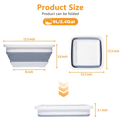 2.4 Gal(9L) Collapsible Dish Pans For Washing Dishes, Space Saving Multiuse Foldable Sink Tub, Kitchen Storage Tray For Outdoor Camping, Vegetable Washing, Rv (Grey-Square) #TOP1