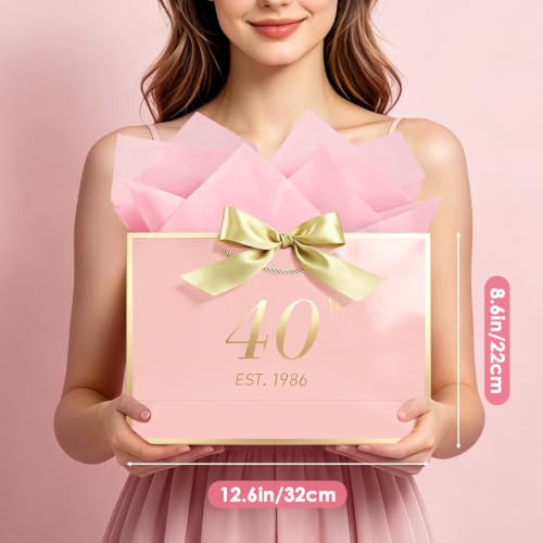 Image of JMANNI Birthday Gift Bag with Card and Tissue Paper for Men Women Him, Elegant Pink Gold Anniversary Keepsake Party Present Shopping Paper Bags for Gifts Wrapping Pink / 13 inch Medium /EST.1986 40th