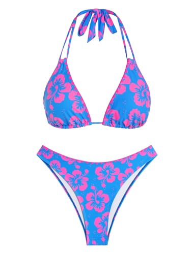 Image of ZAFUL Women Halter Dual Straps Whip Stitch Floral Triangle Bikini Swimsuits | Color Block Whip Stitches Trim, Halter Dual Shoulder Straps, Popular Floral Print, Cheeky Bikini Bottom, Tie Back