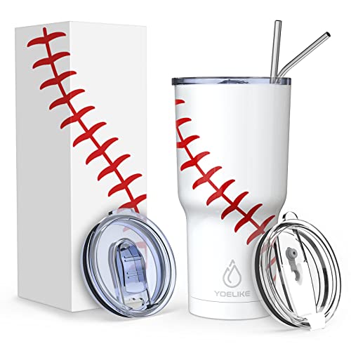 Yoelike Baseball Tumbler 30 Oz Stainless Steel Double Wall Vacuum Insulated Cup With Straws, Splash Proof Lids, Straw Clean Brush, Tips For Fan Coaches Mom Men Sports Travel, Keep Drinks Cold And Hot #TOP29
