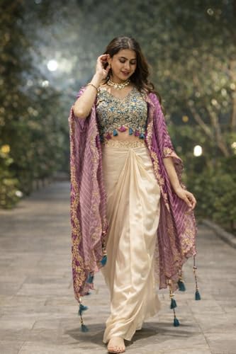 Image of Lehenga Choli Indo-Western Draped Set For Womens And Girls Ready To Weear Hevay Crep Silk Fabric With Work Multi Thread Embroidery Coding wedding indowestern Three piech Purple