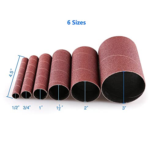 80 Grit Spindle Sanding Sleeves By Lotfancy, Aluminum Oxide Abrasive, Pack Of 18, 4-1/2” Length (3 Each Of 1/2”,3/4”,1”,1-1/2”, 2” And 3”） #TOP2
