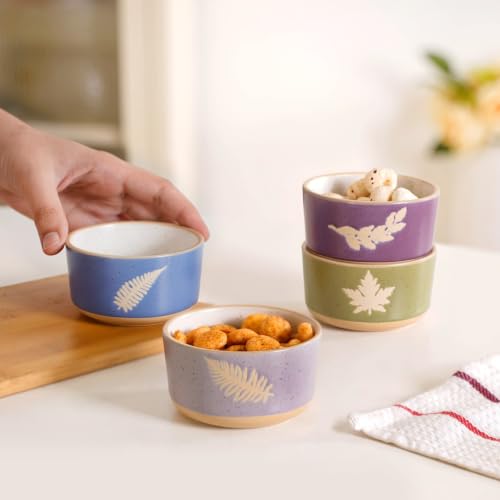 Image of Nestasia Ceramic Snack Bowl Set of 4 (180ml Each) - Dishwasher & Microwave Safe Bowls for Serving Soup, Rice, Dal, & Salad | Monsoon Leaf Printed Bowls with Matte Finish - Ideal for Gifting