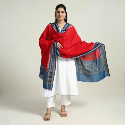 Image of Cotton Dupatta with weaving and Ikat woven border from the Weavers Stole for Girls & Women