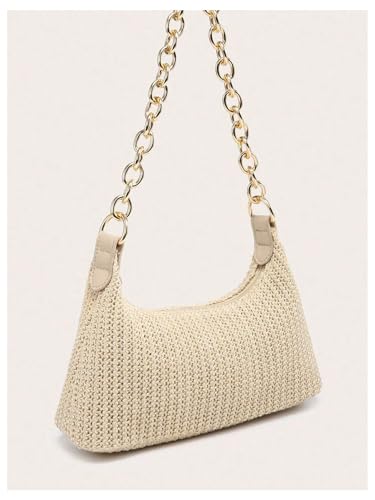 Women's Straw Woven Metal Chain Underarm Bags Small Zipper Beach Boho Shoulder Handbags2
