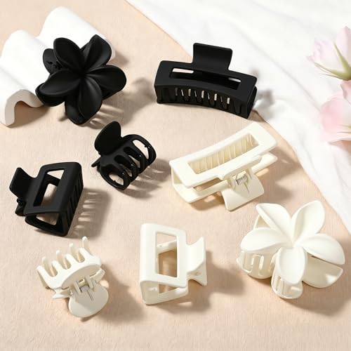 8 Pcs Matte Hair Clips for Women, Strong Hold Non-Slip Claw Clips for Girls, Flower Hair Clips for Thin Hair, Rectangle Claw Clips for Thick Hair,Neutral Colors Hair Accessories（White & Black）