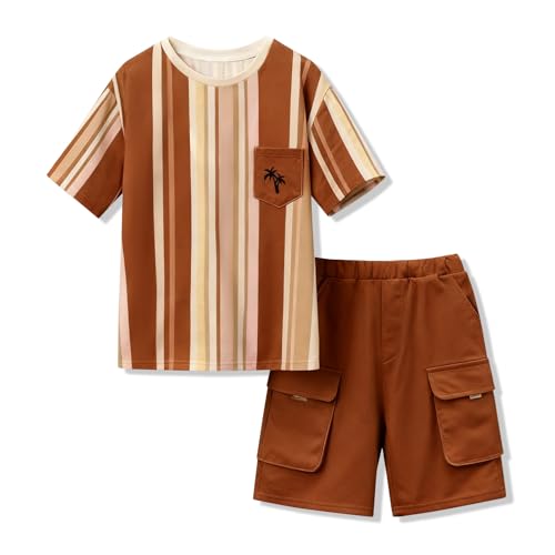 Axumity Tween Boys 6-12 Years Outfit Sets - Short Sleeve Striped Top & Shorts, Soft Breathable Multi-Color Casual Trendy Clothes Set Size 9 10