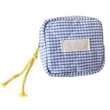 Pequeña bolsa de maquillaje pequeña | Neceser cuadrado para mujer | Bolsa de cosméticos cuadrada portátil a cuadros bolsa de viaje para llaves de coche, auriculares, monedas, azul, ver descripción